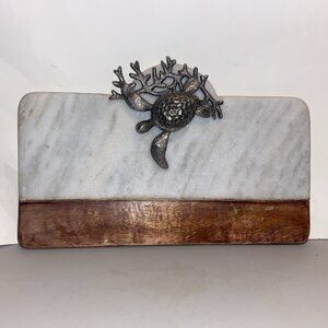Cutting Board Wood And Marble With Silvertone Turtle.